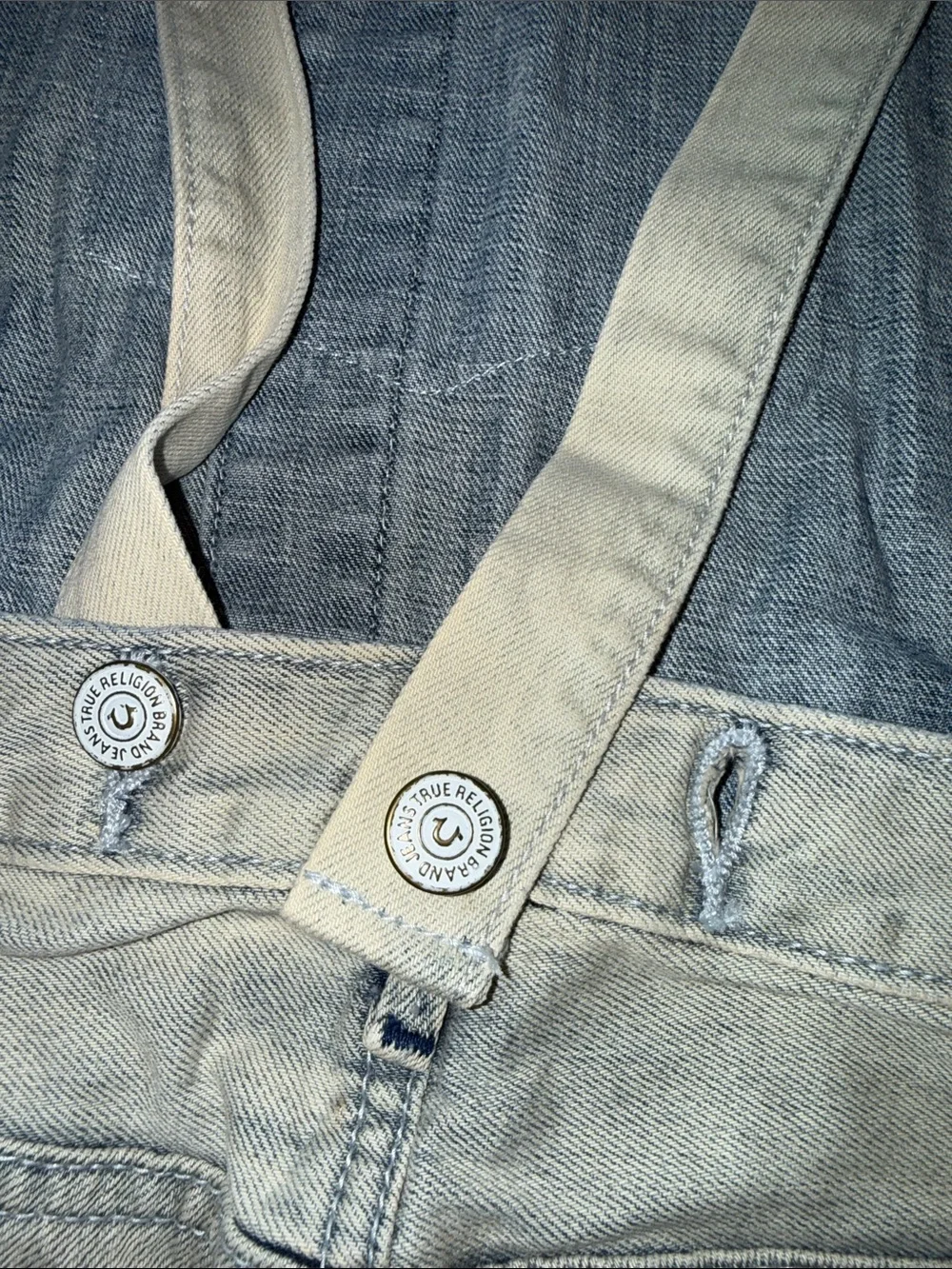 True Religion Two-Tone White Beige and Dark Blue Denim Short Overalls